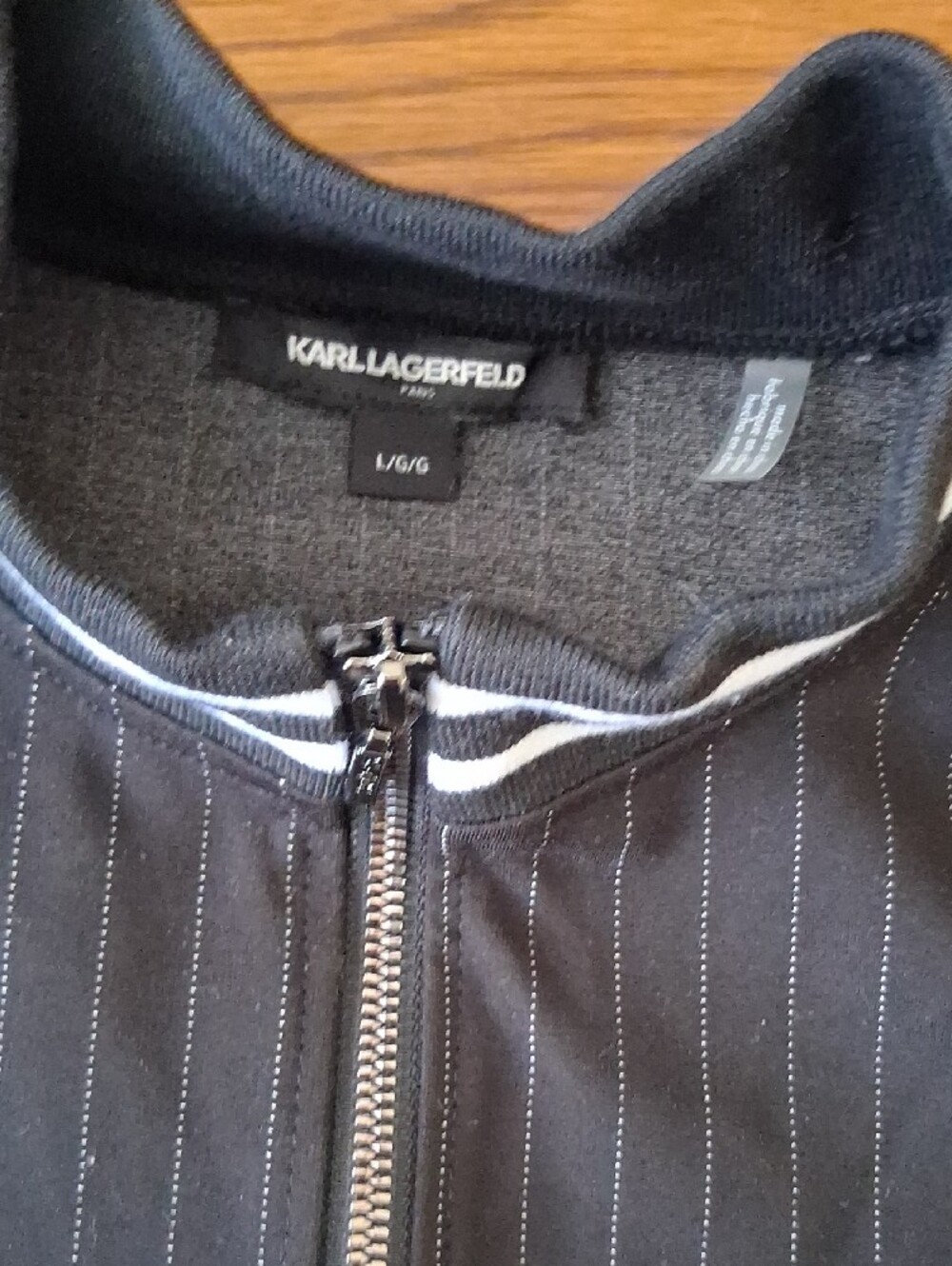 Karl Lagerfeld Black Pinstriped Zip Jacket with White Trim - Picture 2 of 6